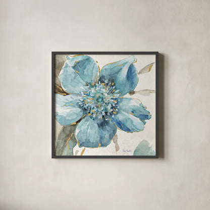 Indigold VI by Lisa Audit. Shown in a sleek black glass frame for a contemporary gallery look. Available as an archival giclee rolled canvas, fine art paper, or poster print. SKU 24201a.