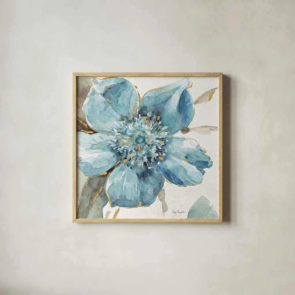 Indigold VI by Lisa Audit. Shown in a natural wood glass frame for a timeless modern aesthetic. Available as an archival giclee rolled canvas, fine art paper, or poster print. SKU 24201a.