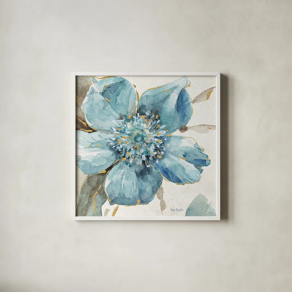 Indigold VI by Lisa Audit. Shown in a crisp white glass frame for a clean and minimalist style. Available as an archival giclee rolled canvas, fine art paper, or poster print. SKU 24201a.