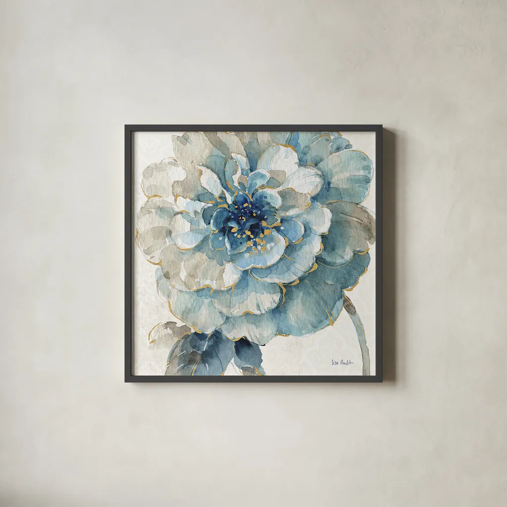 Indigold VII by Lisa Audit. Shown in a sleek black glass frame for a contemporary gallery look. Available as an archival giclee rolled canvas, fine art paper, or poster print. SKU 24202a.