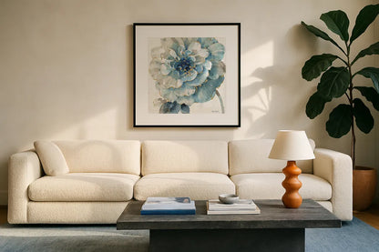 Indigold VII by Lisa Audit. Displayed in a glass frame with matte in a clean modern living room. Available as an archival giclee rolled canvas, fine art paper, or poster print. SKU 24202a.