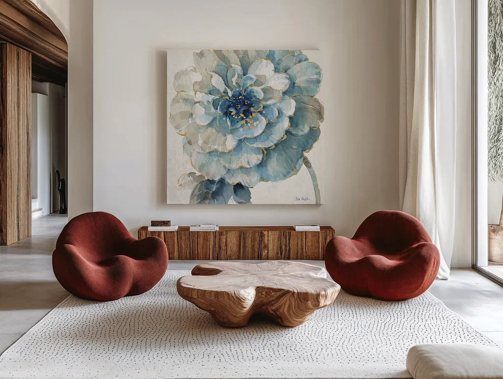 Indigold VII by Lisa Audit. Shown as extra-large giant wall art in a modern living room. Available as an archival giclee rolled canvas, fine art paper, or poster print. SKU 24202a.