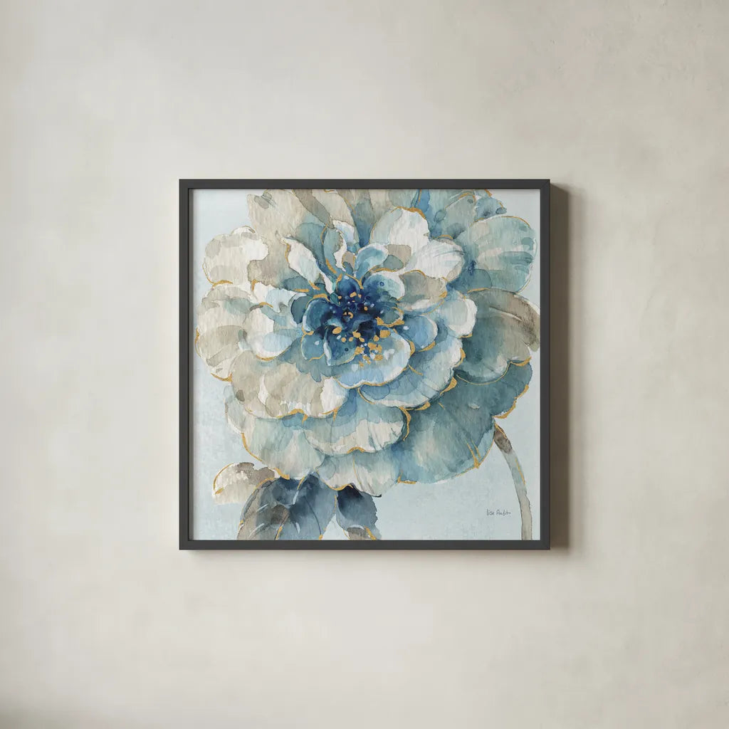 Indigold VII Light Blue by Lisa Audit. Shown in a sleek black glass frame for a contemporary gallery look. Available as an archival giclee rolled canvas, fine art paper, or poster print. SKU 43078a.