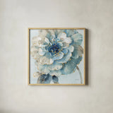 Indigold VII Light Blue by Lisa Audit. Shown in a natural wood glass frame for a timeless modern aesthetic. Available as an archival giclee rolled canvas, fine art paper, or poster print. SKU 43078a.