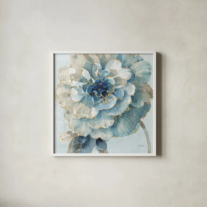 Indigold VII Light Blue by Lisa Audit. Shown in a crisp white glass frame for a clean and minimalist style. Available as an archival giclee rolled canvas, fine art paper, or poster print. SKU 43078a.