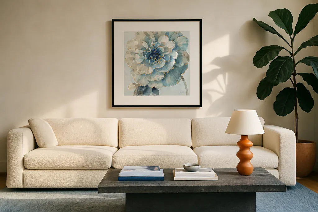 Indigold VII Light Blue by Lisa Audit. Displayed in a glass frame with matte in a clean modern living room. Available as an archival giclee rolled canvas, fine art paper, or poster print. SKU 43078a.