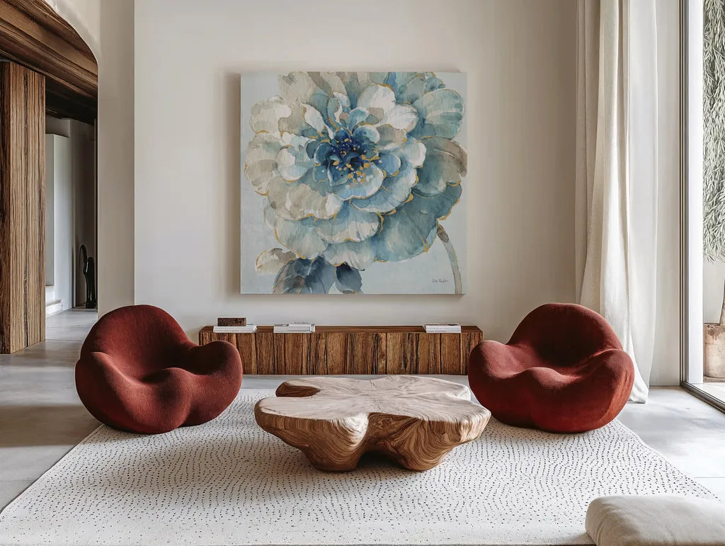 Indigold VII Light Blue by Lisa Audit. Shown as extra-large giant wall art in a modern living room. Available as an archival giclee rolled canvas, fine art paper, or poster print. SKU 43078a.