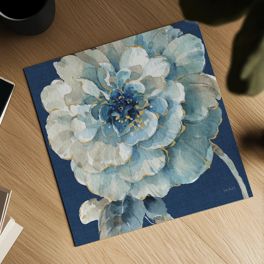 Indigold VII Navy by Lisa Audit. Shown as a detailed flat fine art print, highlighting archival giclee quality. Available as an archival giclee rolled canvas, fine art paper, or poster print. SKU 45746a.