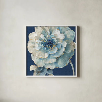 Indigold VII Navy by Lisa Audit. Shown in a crisp white glass frame for a clean and minimalist style. Available as an archival giclee rolled canvas, fine art paper, or poster print. SKU 45746a.