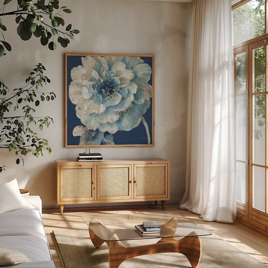 Indigold VII Navy by Lisa Audit. Shown in a natural wood frame in a cozy modern living room. Available as an archival giclee rolled canvas, fine art paper, or poster print. SKU 45746a.
