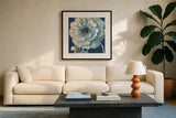 Indigold VII Navy by Lisa Audit. Displayed in a glass frame with matte in a clean modern living room. Available as an archival giclee rolled canvas, fine art paper, or poster print. SKU 45746a.