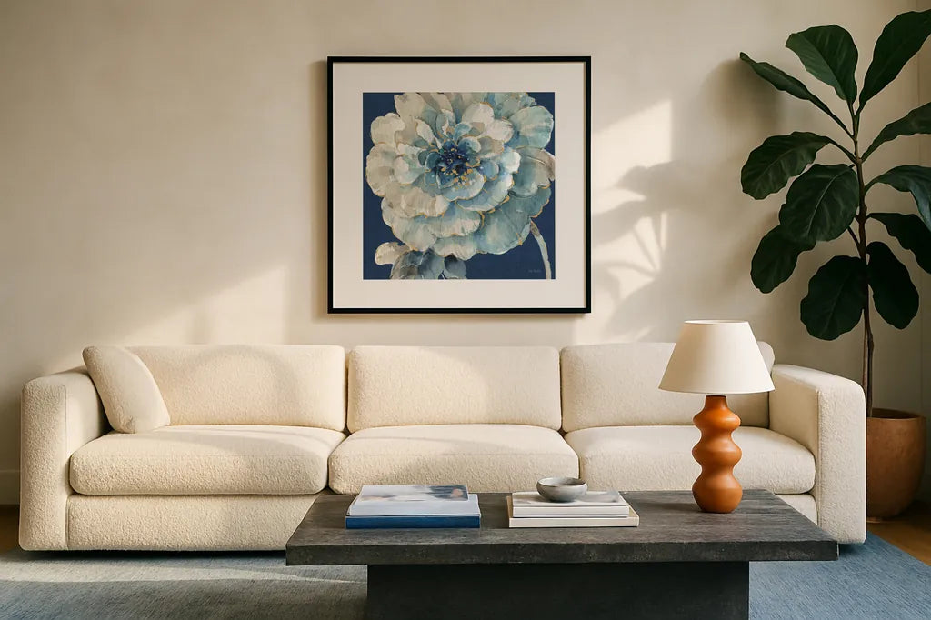 Indigold VII Navy by Lisa Audit. Displayed in a glass frame with matte in a clean modern living room. Available as an archival giclee rolled canvas, fine art paper, or poster print. SKU 45746a.