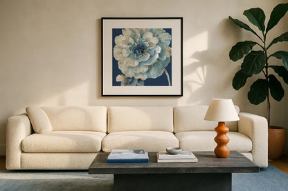 Indigold VII Navy by Lisa Audit. Displayed in a glass frame with matte in a clean modern living room. Available as an archival giclee rolled canvas, fine art paper, or poster print. SKU 45746a.