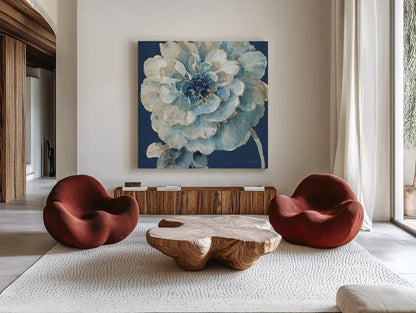 Indigold VII Navy by Lisa Audit. Shown as extra-large giant wall art in a modern living room. Available as an archival giclee rolled canvas, fine art paper, or poster print. SKU 45746a.