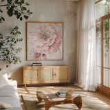 Indigold VII Pink by Lisa Audit. Shown in a natural wood frame in a cozy modern living room. Available as an archival giclee rolled canvas, fine art paper, or poster print. SKU 46240a.