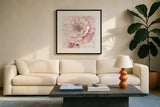 Indigold VII Pink by Lisa Audit. Displayed in a glass frame with matte in a clean modern living room. Available as an archival giclee rolled canvas, fine art paper, or poster print. SKU 46240a.