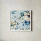 Indigold X by Lisa Audit. Shown in a crisp white glass frame for a clean and minimalist style. Available as an archival giclee rolled canvas, fine art paper, or poster print. SKU 24205a.