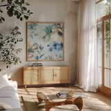 Indigold X by Lisa Audit. Shown in a natural wood frame in a cozy modern living room. Available as an archival giclee rolled canvas, fine art paper, or poster print. SKU 24205a.