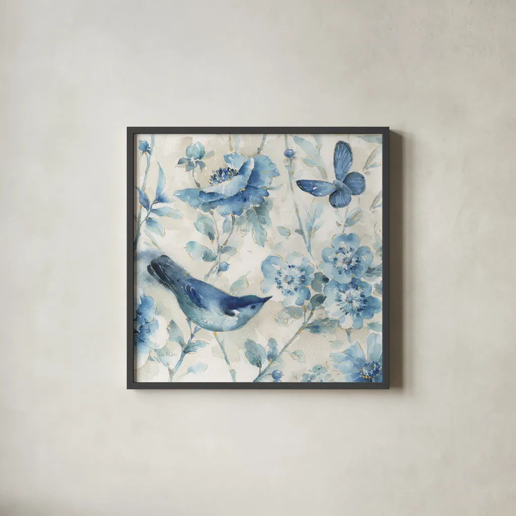 Indigold XI by Lisa Audit. Shown in a sleek black glass frame for a contemporary gallery look. Available as an archival giclee rolled canvas, fine art paper, or poster print. SKU 24206a.