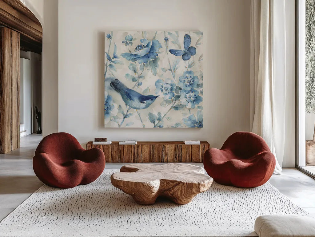 Indigold XI by Lisa Audit. Shown as extra-large giant wall art in a modern living room. Available as an archival giclee rolled canvas, fine art paper, or poster print. SKU 24206a.