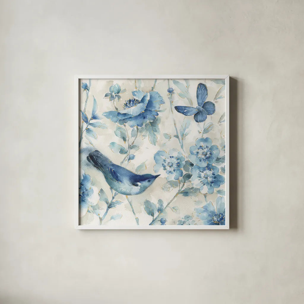 Indigold XI v2 by Lisa Audit. Shown in a crisp white glass frame for a clean and minimalist style. Available as an archival giclee rolled canvas, fine art paper, or poster print. SKU 54272a.