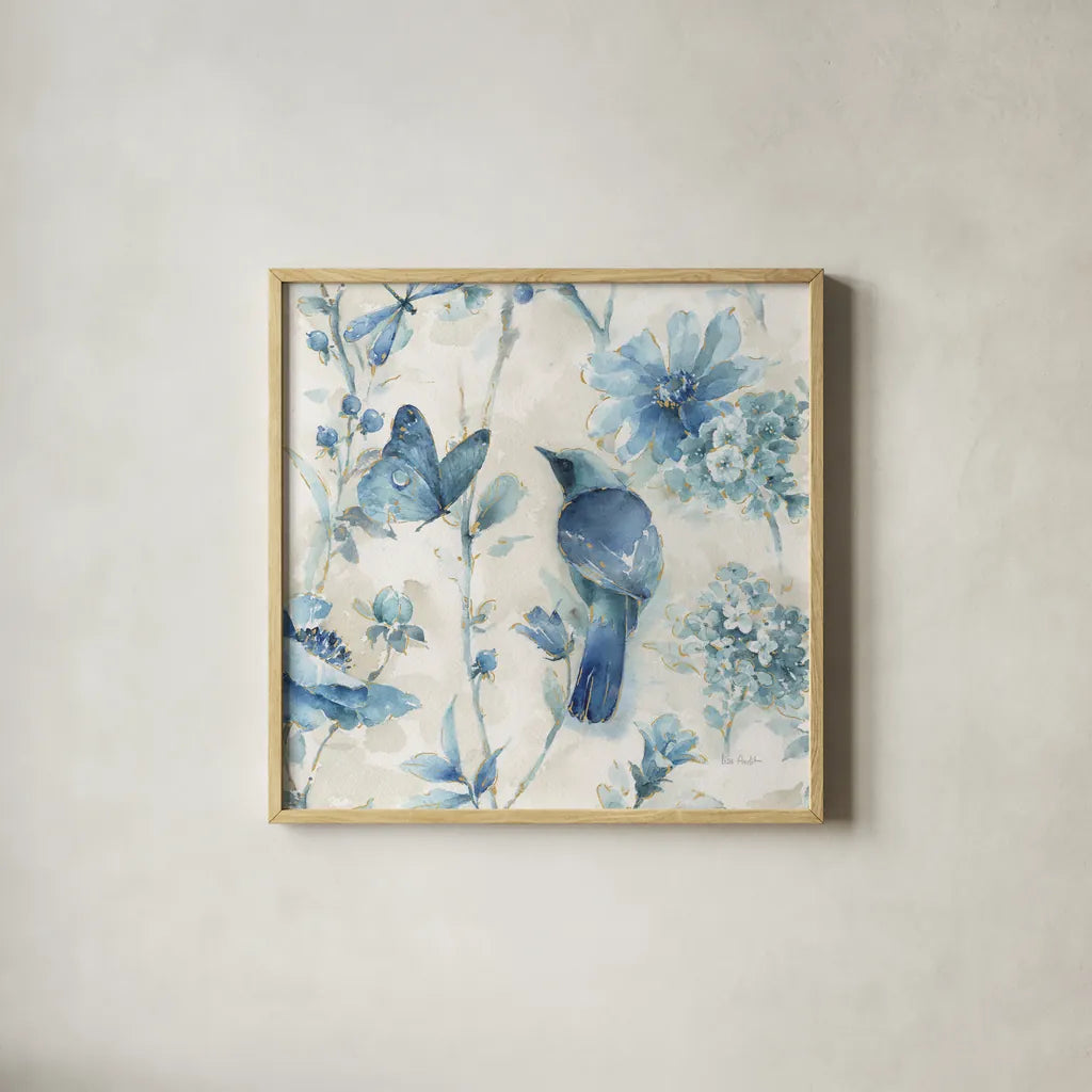 Indigold XII by Lisa Audit. Shown in a natural wood glass frame for a timeless modern aesthetic. Available as an archival giclee rolled canvas, fine art paper, or poster print. SKU 24207a.