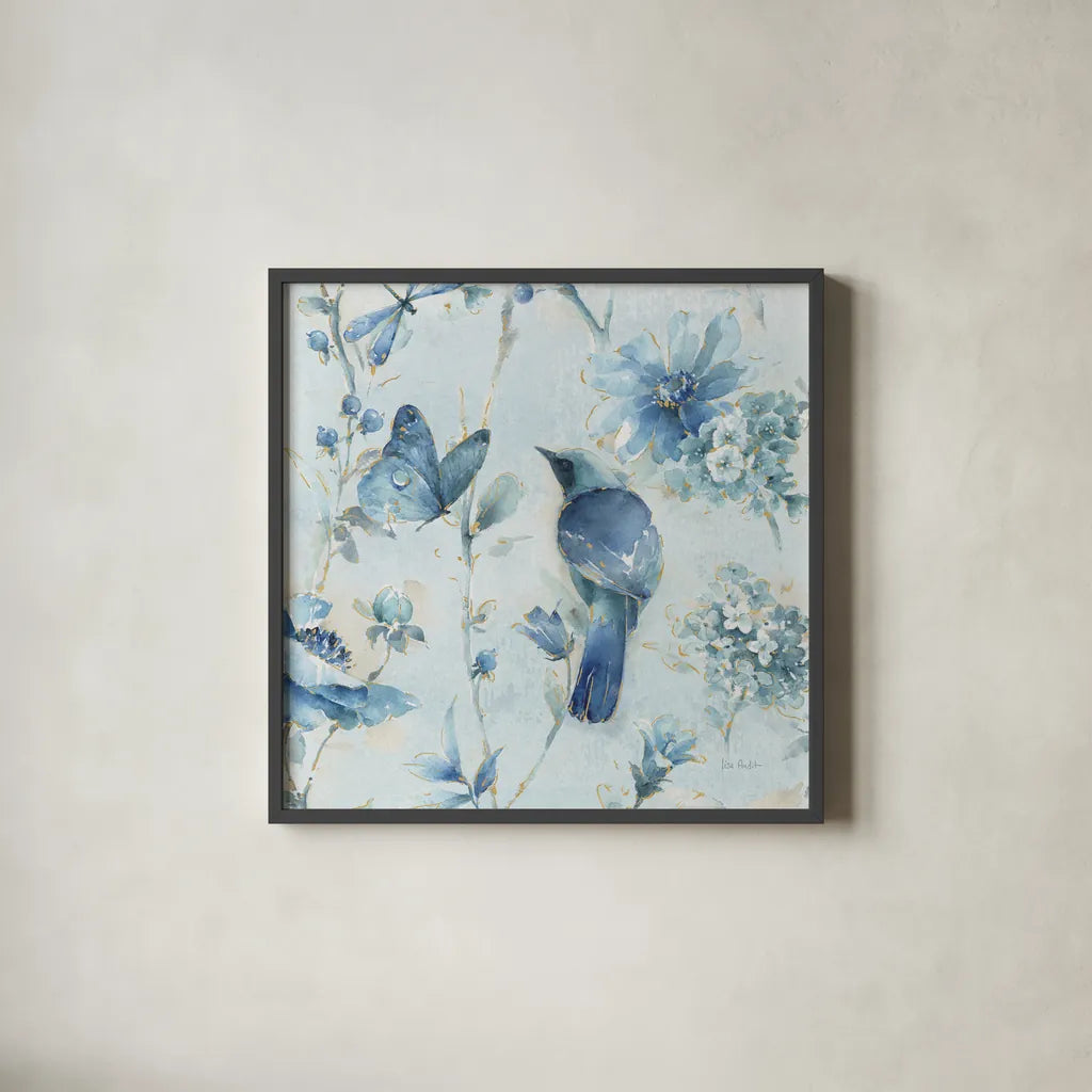Indigold XII Light Blue by Lisa Audit. Shown in a sleek black glass frame for a contemporary gallery look. Available as an archival giclee rolled canvas, fine art paper, or poster print. SKU 43077a.