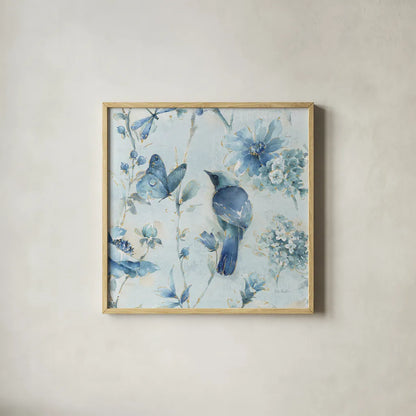 Indigold XII Light Blue by Lisa Audit. Shown in a natural wood glass frame for a timeless modern aesthetic. Available as an archival giclee rolled canvas, fine art paper, or poster print. SKU 43077a.