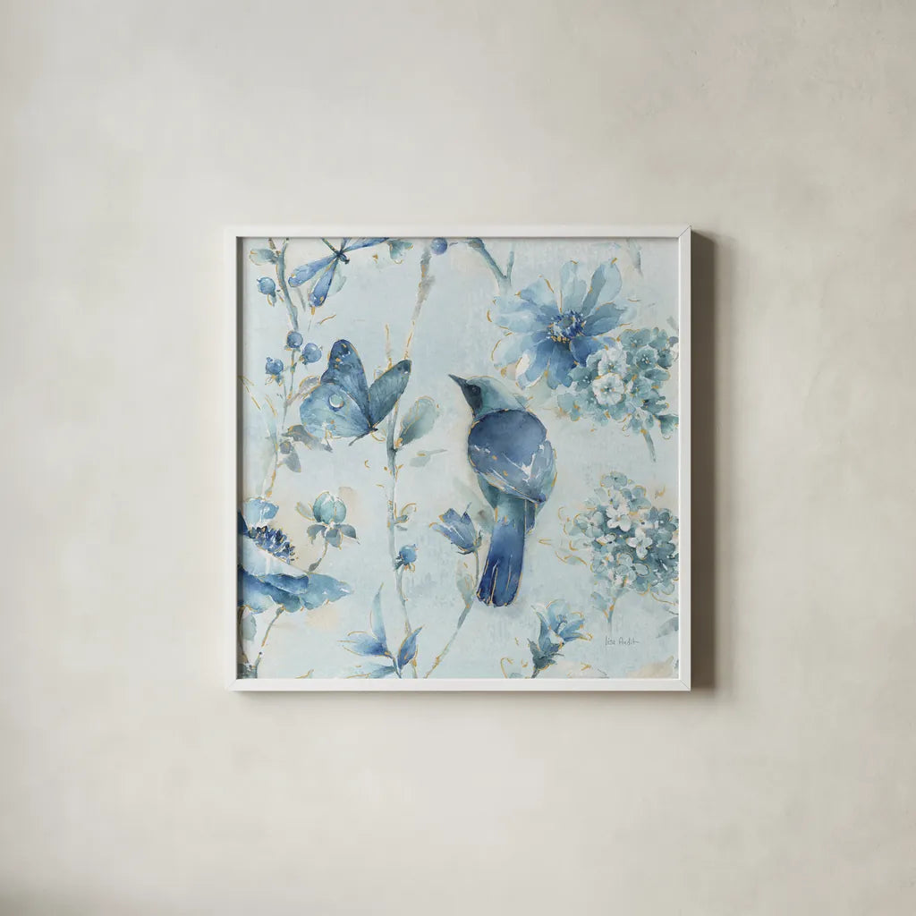 Indigold XII Light Blue by Lisa Audit. Shown in a crisp white glass frame for a clean and minimalist style. Available as an archival giclee rolled canvas, fine art paper, or poster print. SKU 43077a.