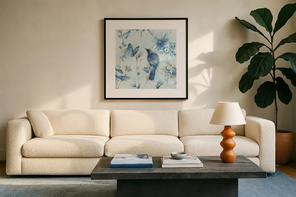 Indigold XII Light Blue by Lisa Audit. Displayed in a glass frame with matte in a clean modern living room. Available as an archival giclee rolled canvas, fine art paper, or poster print. SKU 43077a.