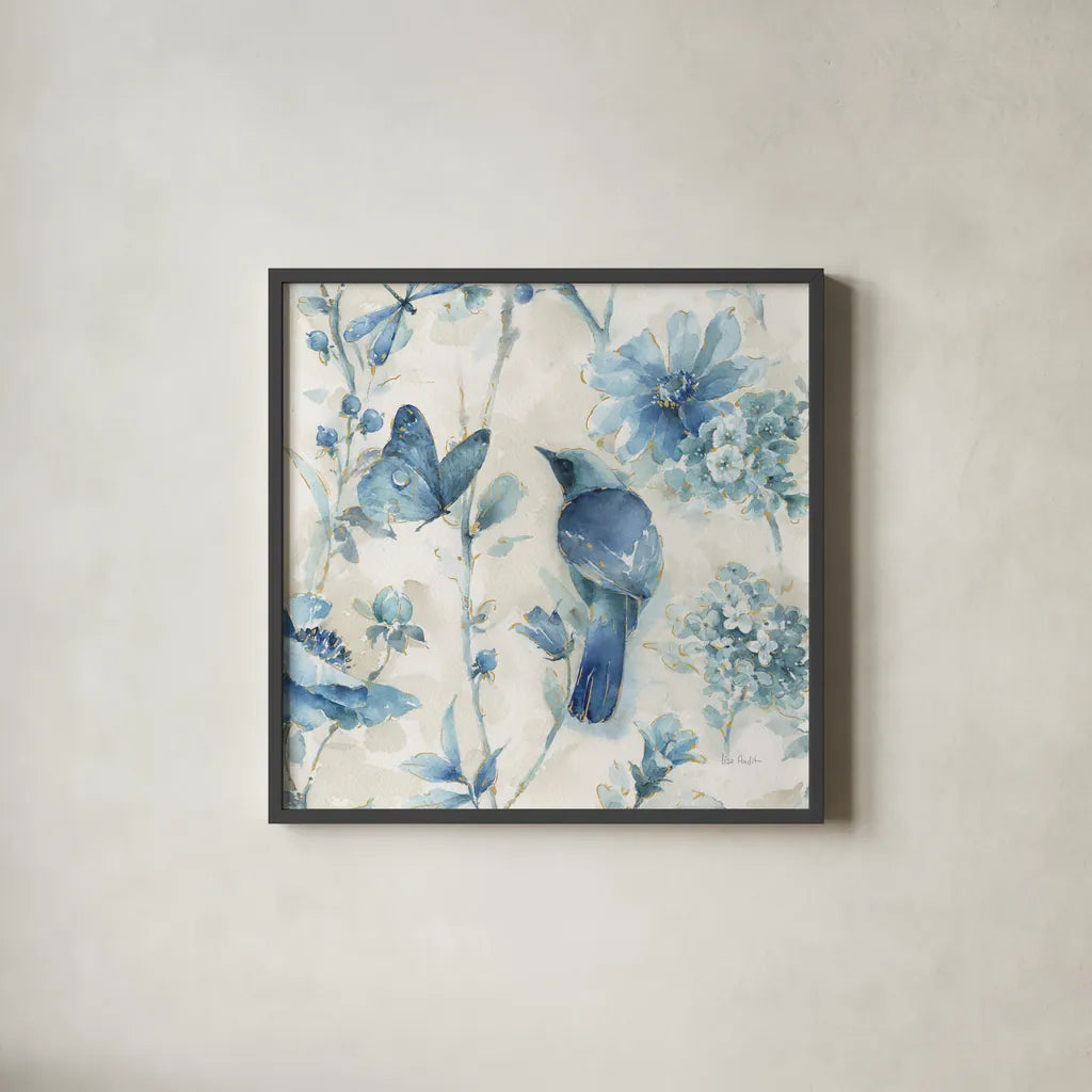 Indigold XII v2 by Lisa Audit. Shown in a sleek black glass frame for a contemporary gallery look. Available as an archival giclee rolled canvas, fine art paper, or poster print. SKU 54273a.