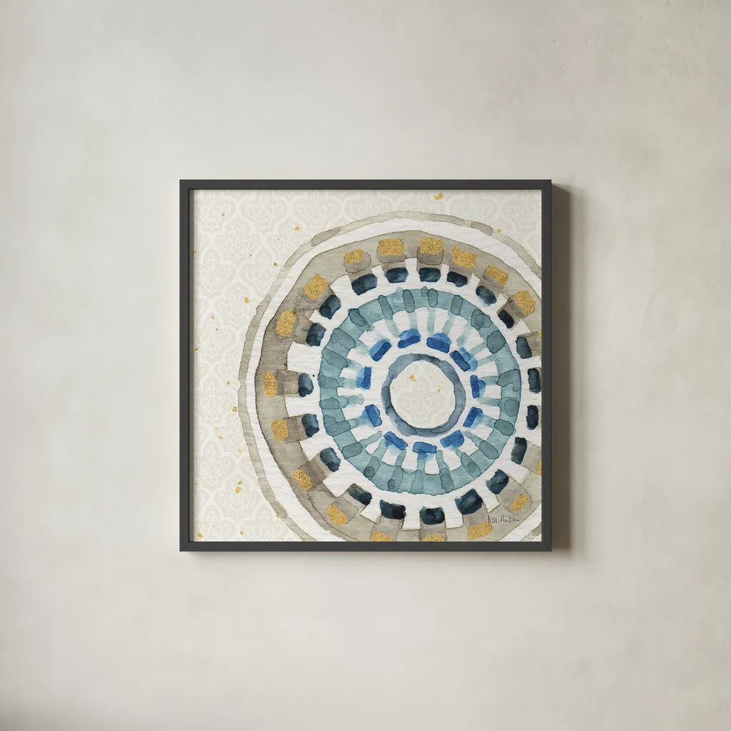 Indigold XIV by Lisa Audit. Shown in a sleek black glass frame for a contemporary gallery look. Available as an archival giclee rolled canvas, fine art paper, or poster print. SKU 24209a.