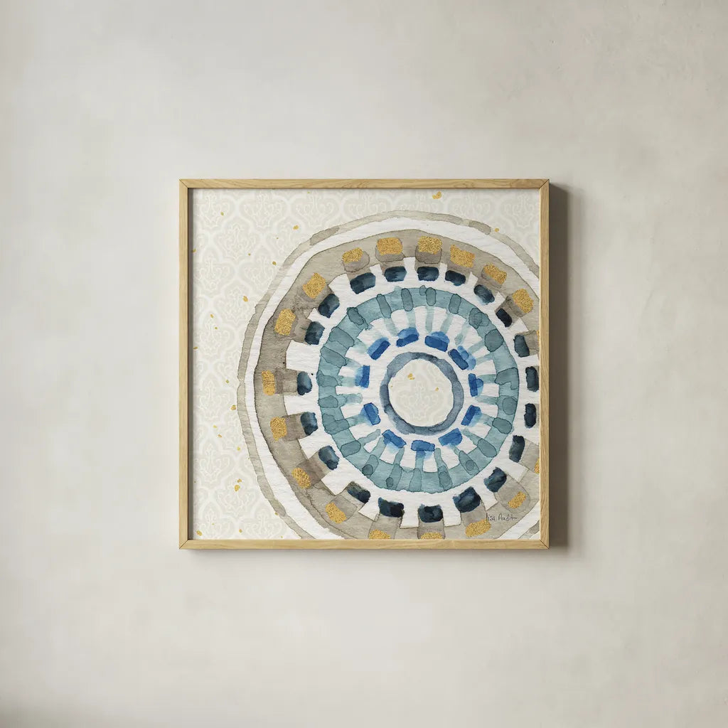 Indigold XIV by Lisa Audit. Shown in a natural wood glass frame for a timeless modern aesthetic. Available as an archival giclee rolled canvas, fine art paper, or poster print. SKU 24209a.