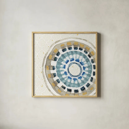 Indigold XIV by Lisa Audit. Shown in a natural wood glass frame for a timeless modern aesthetic. Available as an archival giclee rolled canvas, fine art paper, or poster print. SKU 24209a.