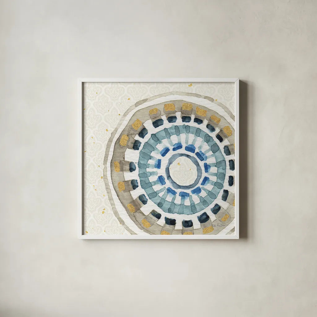 Indigold XIV by Lisa Audit. Shown in a crisp white glass frame for a clean and minimalist style. Available as an archival giclee rolled canvas, fine art paper, or poster print. SKU 24209a.