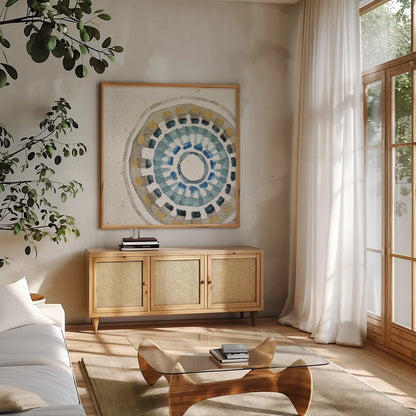 Indigold XIV by Lisa Audit. Shown in a natural wood frame in a cozy modern living room. Available as an archival giclee rolled canvas, fine art paper, or poster print. SKU 24209a.