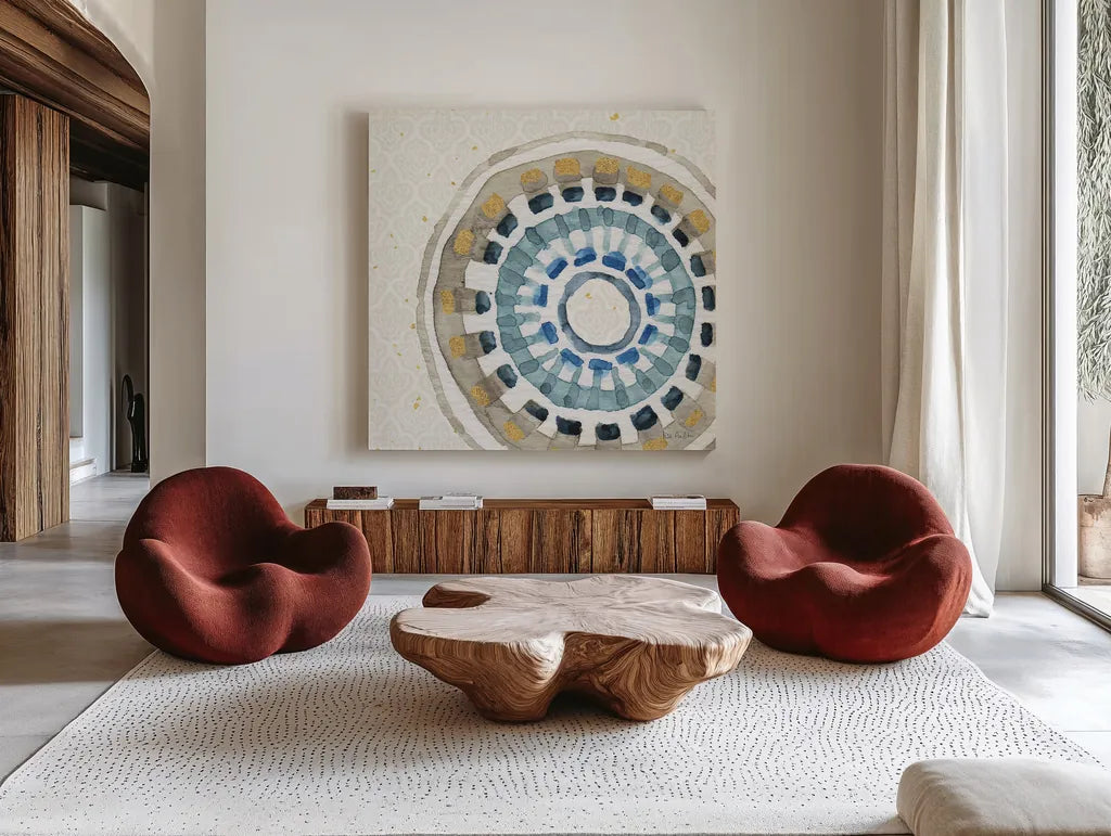 Indigold XIV by Lisa Audit. Shown as extra-large giant wall art in a modern living room. Available as an archival giclee rolled canvas, fine art paper, or poster print. SKU 24209a.