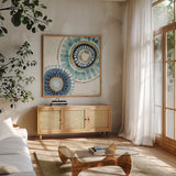 Indigold XV by Lisa Audit. Shown in a natural wood frame in a cozy modern living room. Available as an archival giclee rolled canvas, fine art paper, or poster print. SKU 24210a.