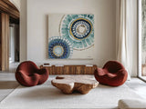 Indigold XV by Lisa Audit. Shown as extra-large giant wall art in a modern living room. Available as an archival giclee rolled canvas, fine art paper, or poster print. SKU 24210a.