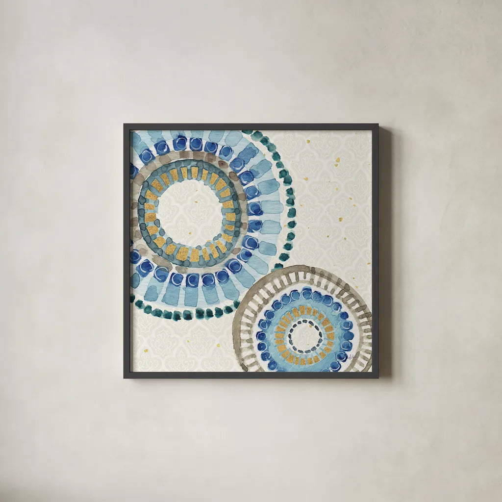 Indigold XVI by Lisa Audit. Shown in a sleek black glass frame for a contemporary gallery look. Available as an archival giclee rolled canvas, fine art paper, or poster print. SKU 24211a.