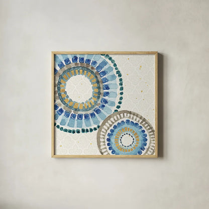 Indigold XVI by Lisa Audit. Shown in a natural wood glass frame for a timeless modern aesthetic. Available as an archival giclee rolled canvas, fine art paper, or poster print. SKU 24211a.