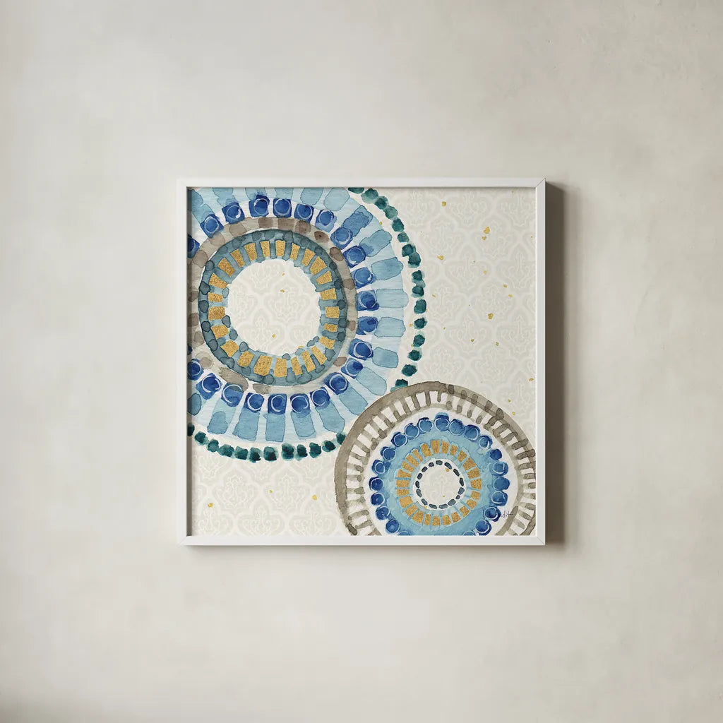 Indigold XVI by Lisa Audit. Shown in a crisp white glass frame for a clean and minimalist style. Available as an archival giclee rolled canvas, fine art paper, or poster print. SKU 24211a.