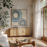 Indigold XVI by Lisa Audit. Shown in a natural wood frame in a cozy modern living room. Available as an archival giclee rolled canvas, fine art paper, or poster print. SKU 24211a.