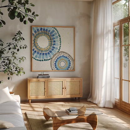 Indigold XVI by Lisa Audit. Shown in a natural wood frame in a cozy modern living room. Available as an archival giclee rolled canvas, fine art paper, or poster print. SKU 24211a.