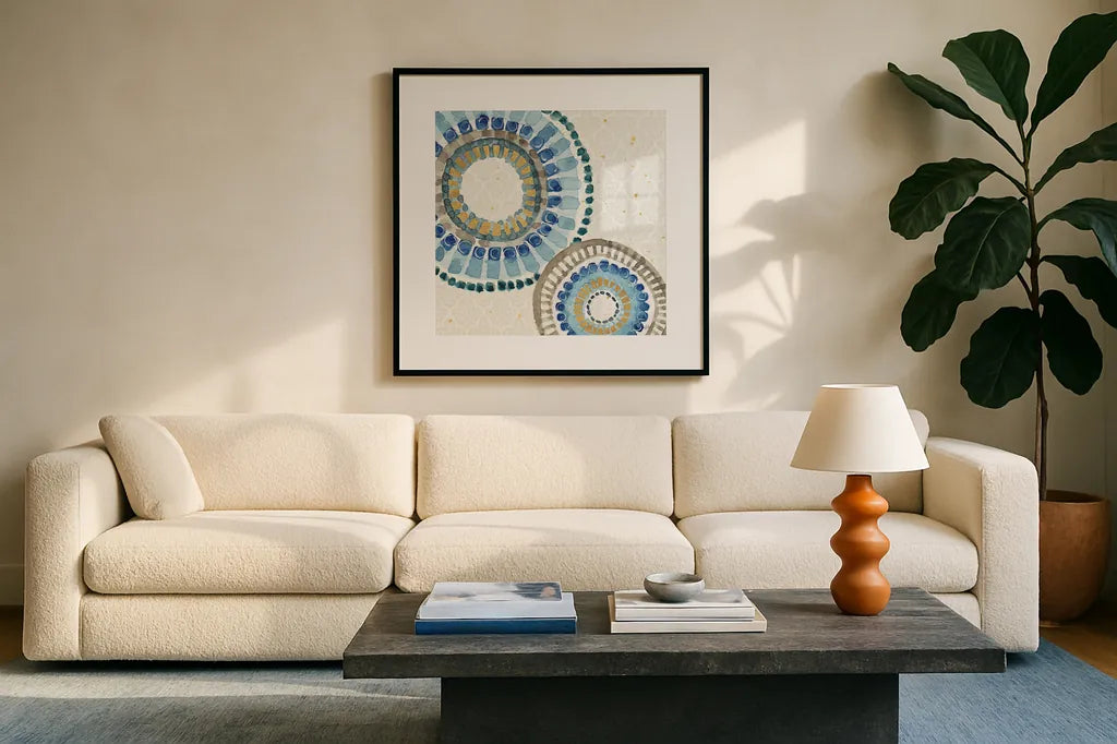 Indigold XVI by Lisa Audit. Displayed in a glass frame with matte in a clean modern living room. Available as an archival giclee rolled canvas, fine art paper, or poster print. SKU 24211a.