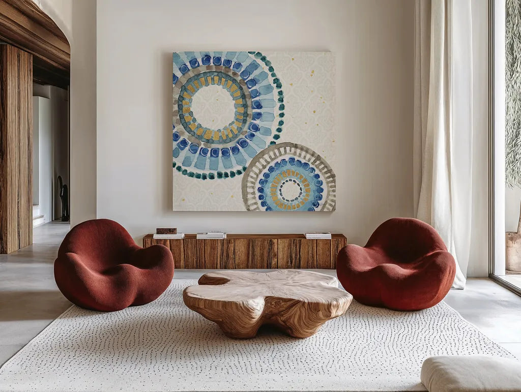 Indigold XVI by Lisa Audit. Shown as extra-large giant wall art in a modern living room. Available as an archival giclee rolled canvas, fine art paper, or poster print. SKU 24211a.