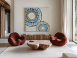 Indigold XVI by Lisa Audit. Shown as extra-large giant wall art in a modern living room. Available as an archival giclee rolled canvas, fine art paper, or poster print. SKU 24211a.