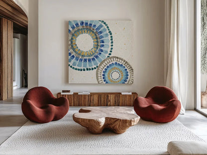Indigold XVI by Lisa Audit. Shown as extra-large giant wall art in a modern living room. Available as an archival giclee rolled canvas, fine art paper, or poster print. SKU 24211a.