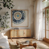 Indigold XVII by Lisa Audit. Shown in a natural wood frame in a cozy modern living room. Available as an archival giclee rolled canvas, fine art paper, or poster print. SKU 24212a.