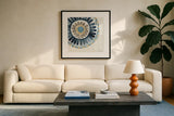 Indigold XVII by Lisa Audit. Displayed in a glass frame with matte in a clean modern living room. Available as an archival giclee rolled canvas, fine art paper, or poster print. SKU 24212a.